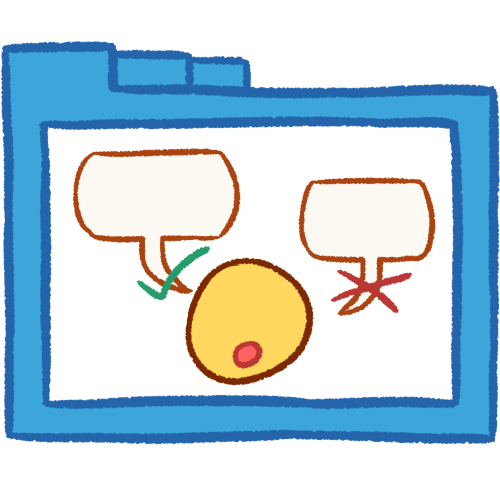 A hollow blue folder with thick lines, containing an emoji yellow head speaking two speech bubbles. One of them has a green checkmark over the speech bubble tail while the other has a red X instead.